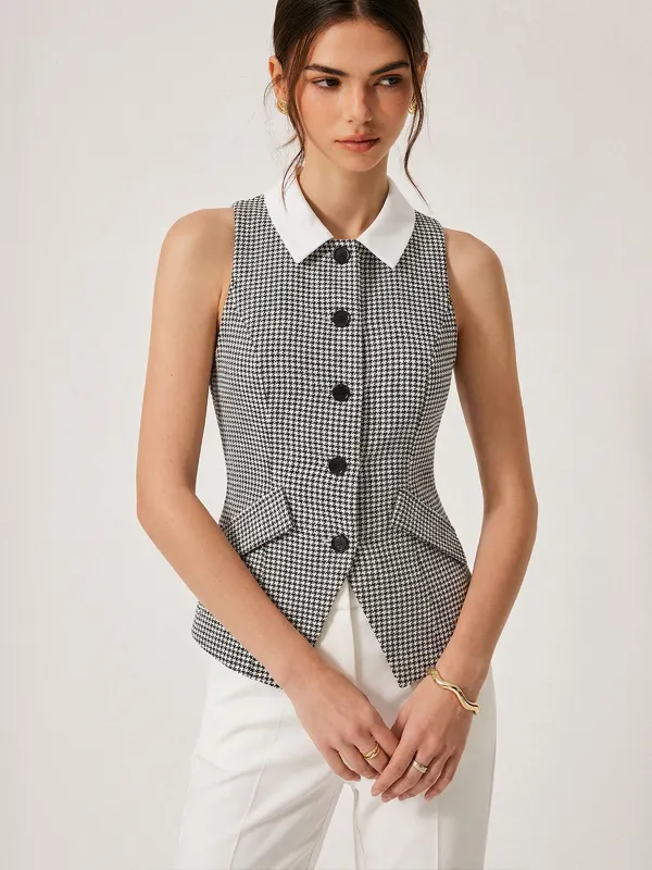 Houndstooth Collared Button Down Vest made by COMMENSE