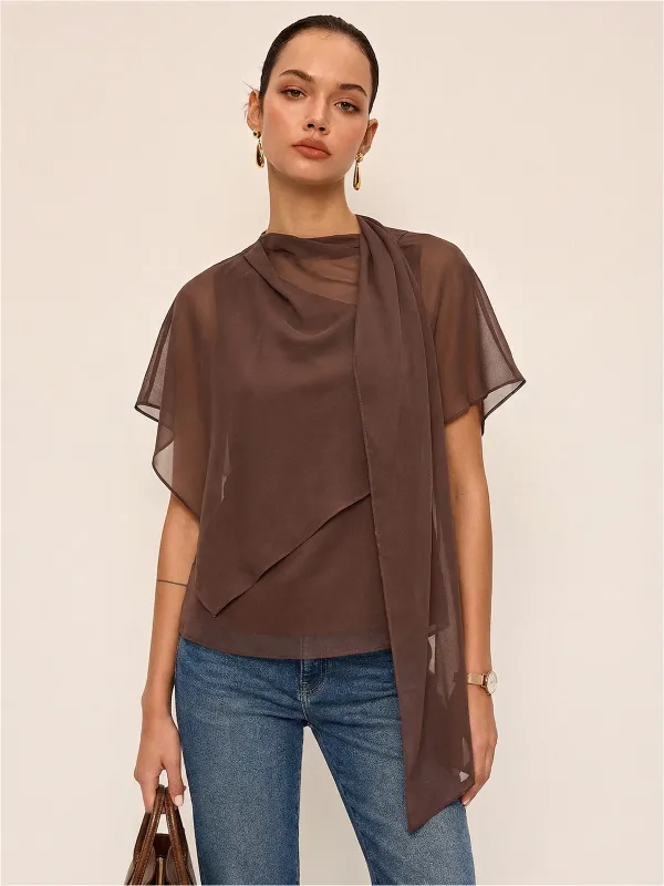 Sheer Scarf Top & One-Shoulder Top Two-Piece Set made by COMMENSE