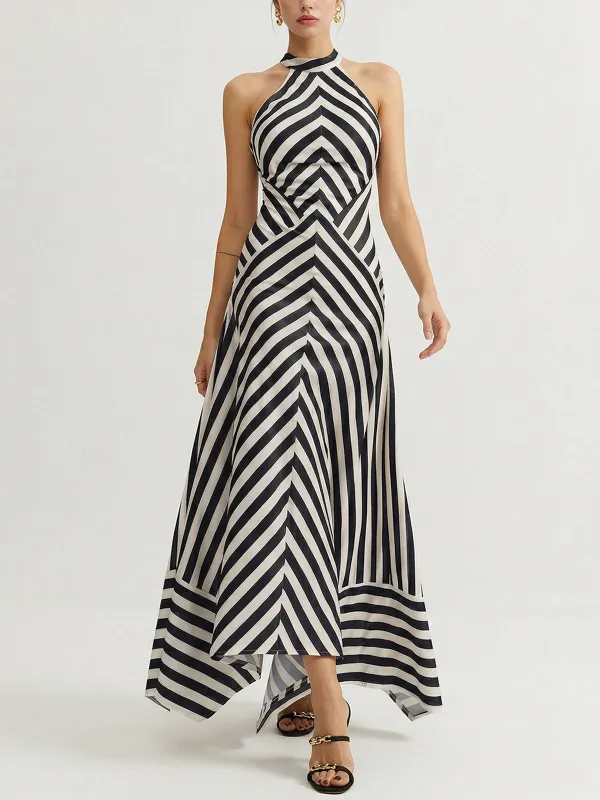 Halter Striped Backless Maxi Dress made by COMMENSE