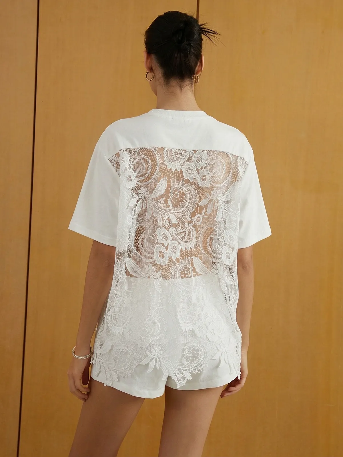 Lace-Back Cotton Short Sleeve Top sold by COMMENSE