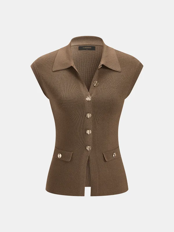Sleeveless Collared Ribbed Buttoned Knit Top made by COMMENSE