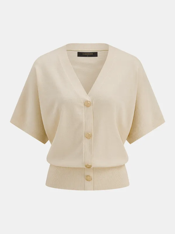 V-Neck Short Sleeve Metal Button Knit Cardigan made by COMMENSE