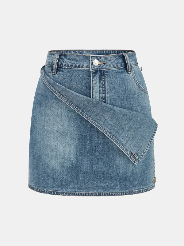 Asymmetrical Overlap Denim Mini Skirt made by COMMENSE