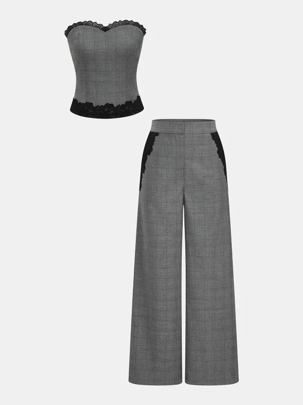 Plaid Lace Trim Strapless Top & Pants Set made by COMMENSE