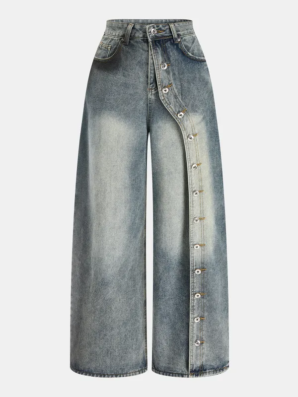 Asymmetric Button Wide Leg Jeans made by COMMENSE