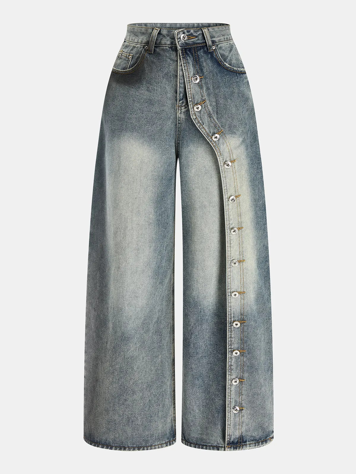 Asymmetric Button Wide Leg Jeans sold by COMMENSE