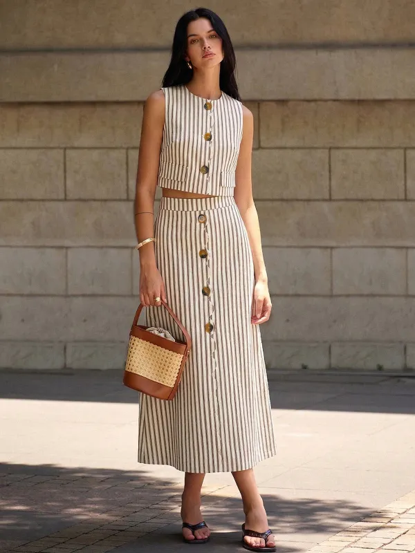 Cotton Striped Sleeveless Top & Midi Skirt Set made by COMMENSE