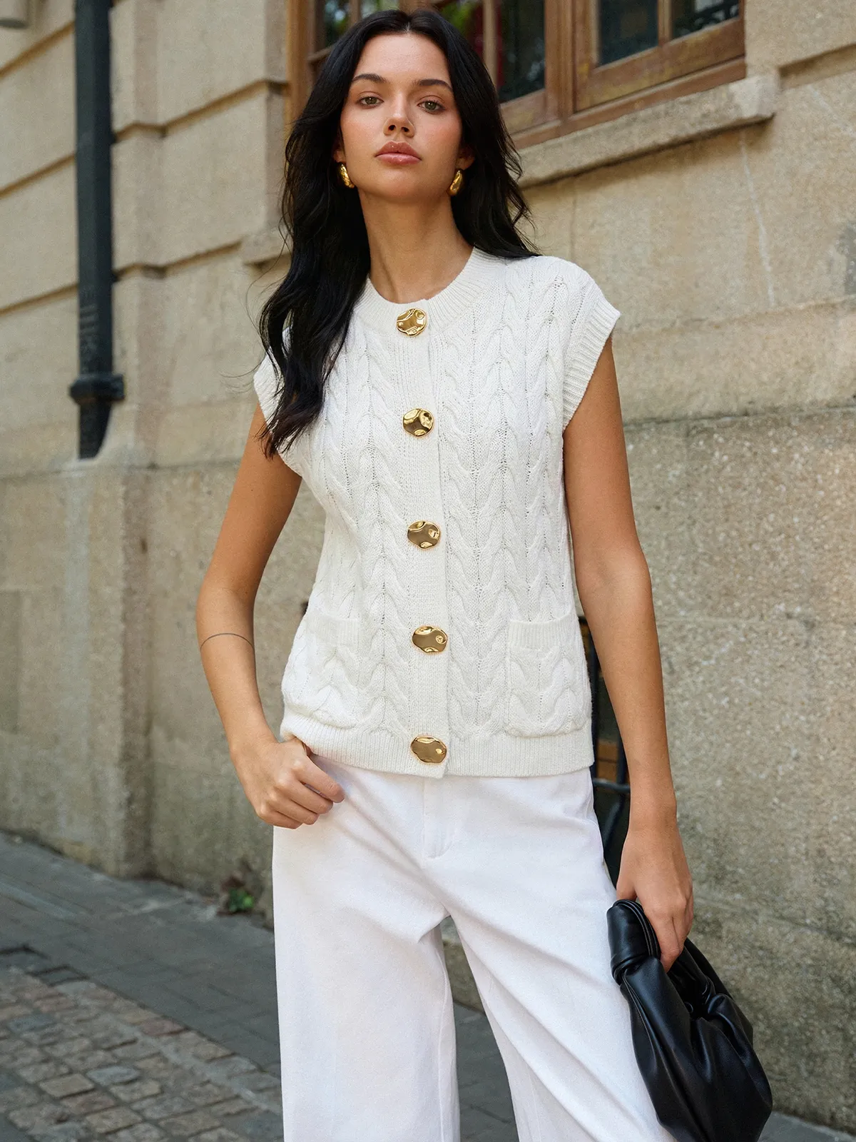 Sleeveless Metal Detail Cable Knit Top sold by COMMENSE