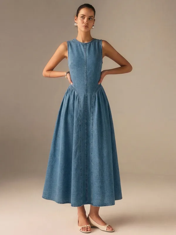Denim Sleeveless Backless Maxi Dress made by COMMENSE