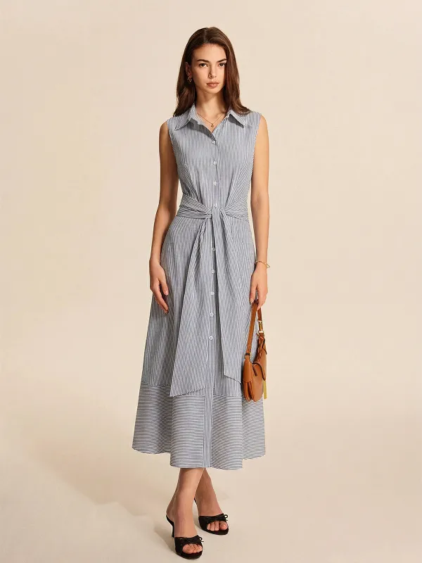 Striped Sleeveless Tie Waist Maxi Shirt Dress made by COMMENSE