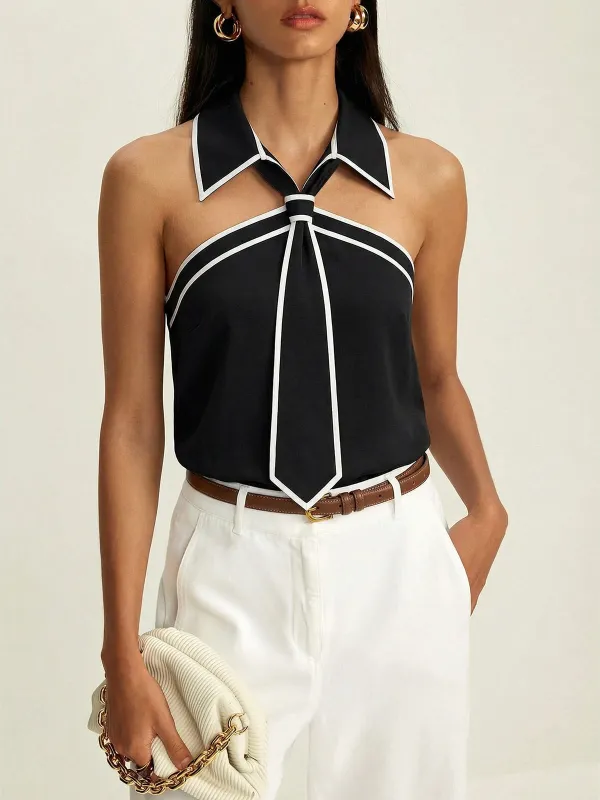 Tie Detail Contrast Piping Sleeveless Blouse made by COMMENSE