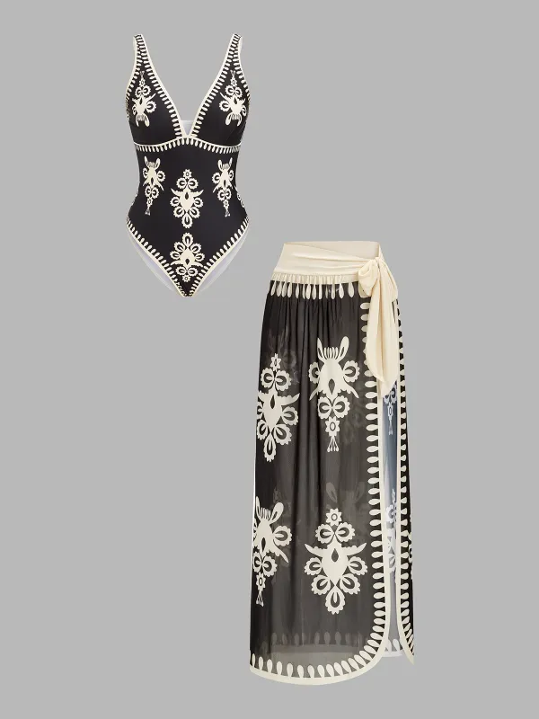 Ethnic Print One Piece Swimsuit & Sarong Set made by COMMENSE