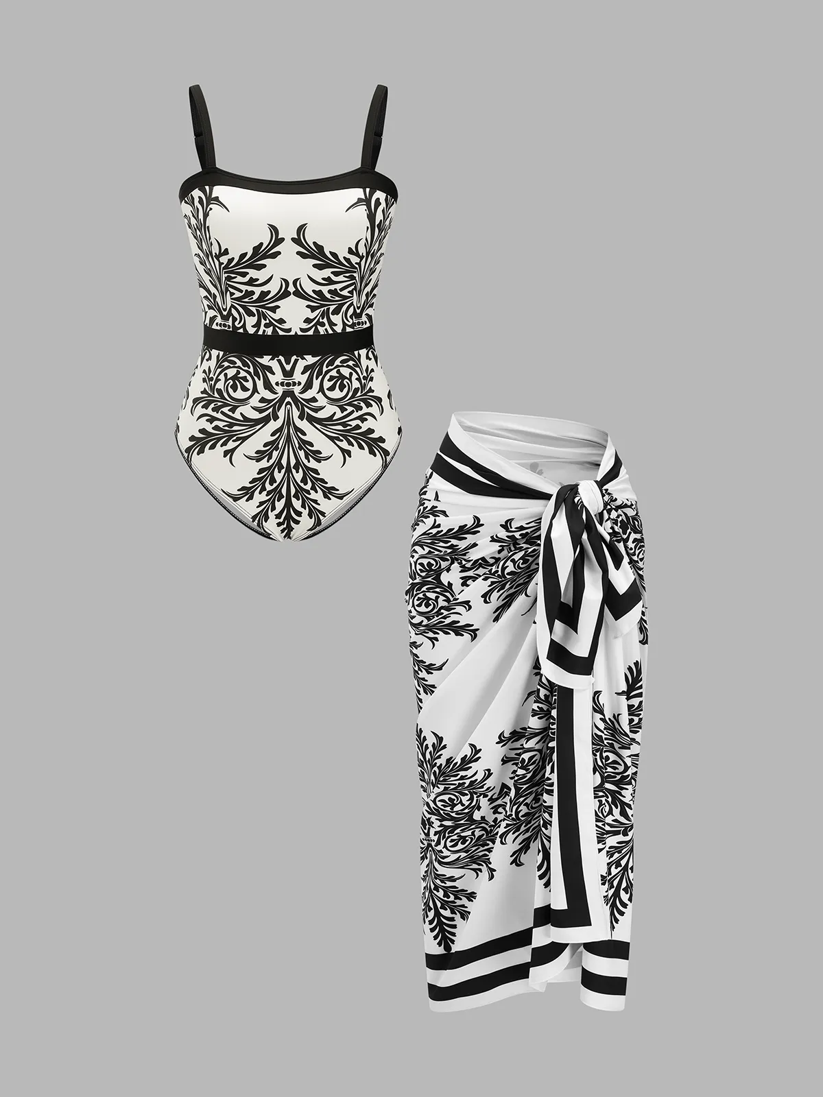 Baroque Print One-Piece Swimsuit & Sarong Set sold by COMMENSE