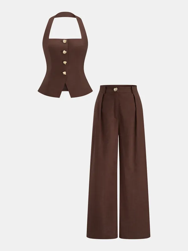 Cotton Linen Halter Buttoned Top & Pants Set made by COMMENSE