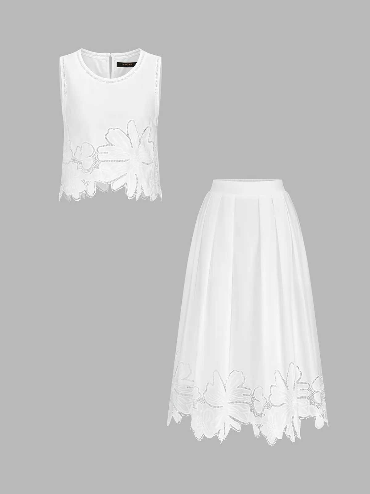 Floral Embroidered Top & Pleated Midi Skirt Set sold by COMMENSE