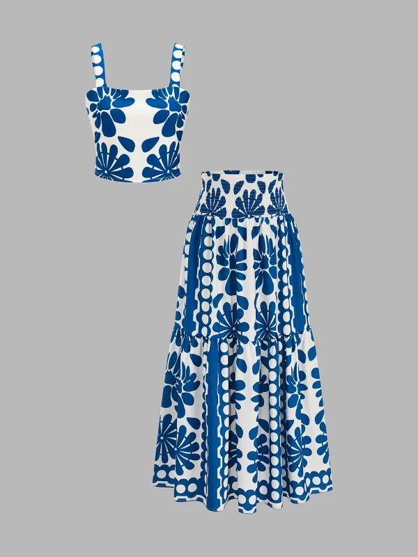 Floral Print Cami Top & Smocked Skirt Set made by COMMENSE