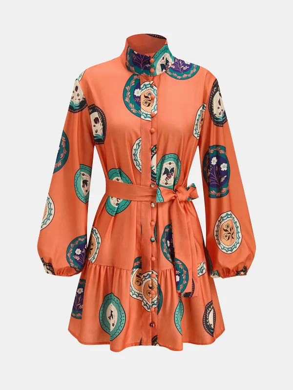 Printed Belted Cotton Linen Long Sleeve Mini Dress made by COMMENSE