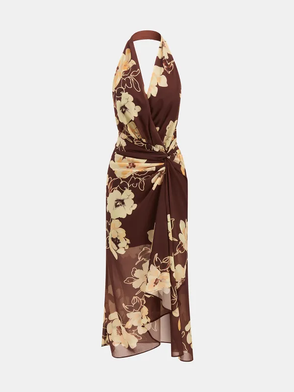 Floral Print Halter Twisted Midi Dress made by COMMENSE