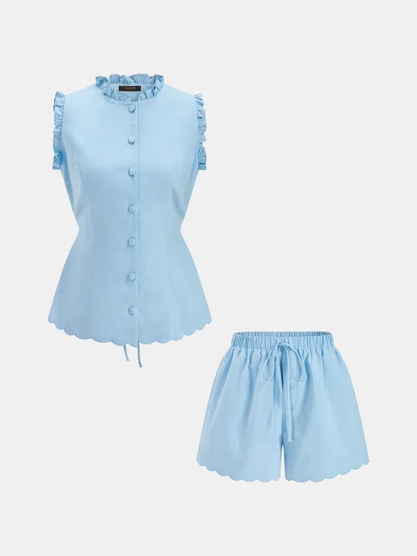 Cotton Ruffle Trim Top & Drawstring Shorts Set made by COMMENSE