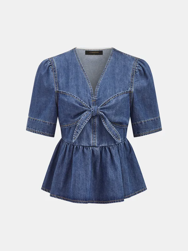Denim V-Neck Bow Peplum Blouse made by COMMENSE