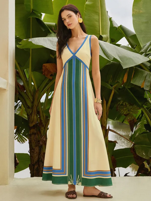 Geometric Print V-Neck Sleeveless Maxi Dress made by COMMENSE