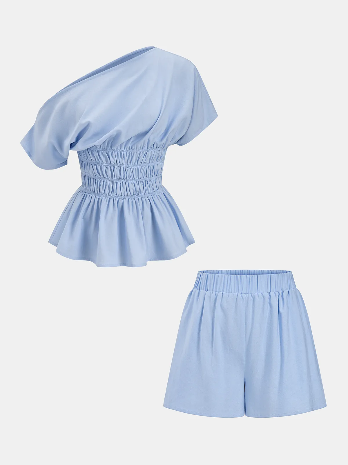 Off Shoulder Smocked Peplum Top & Shorts Set sold by COMMENSE product image thumbnail 2