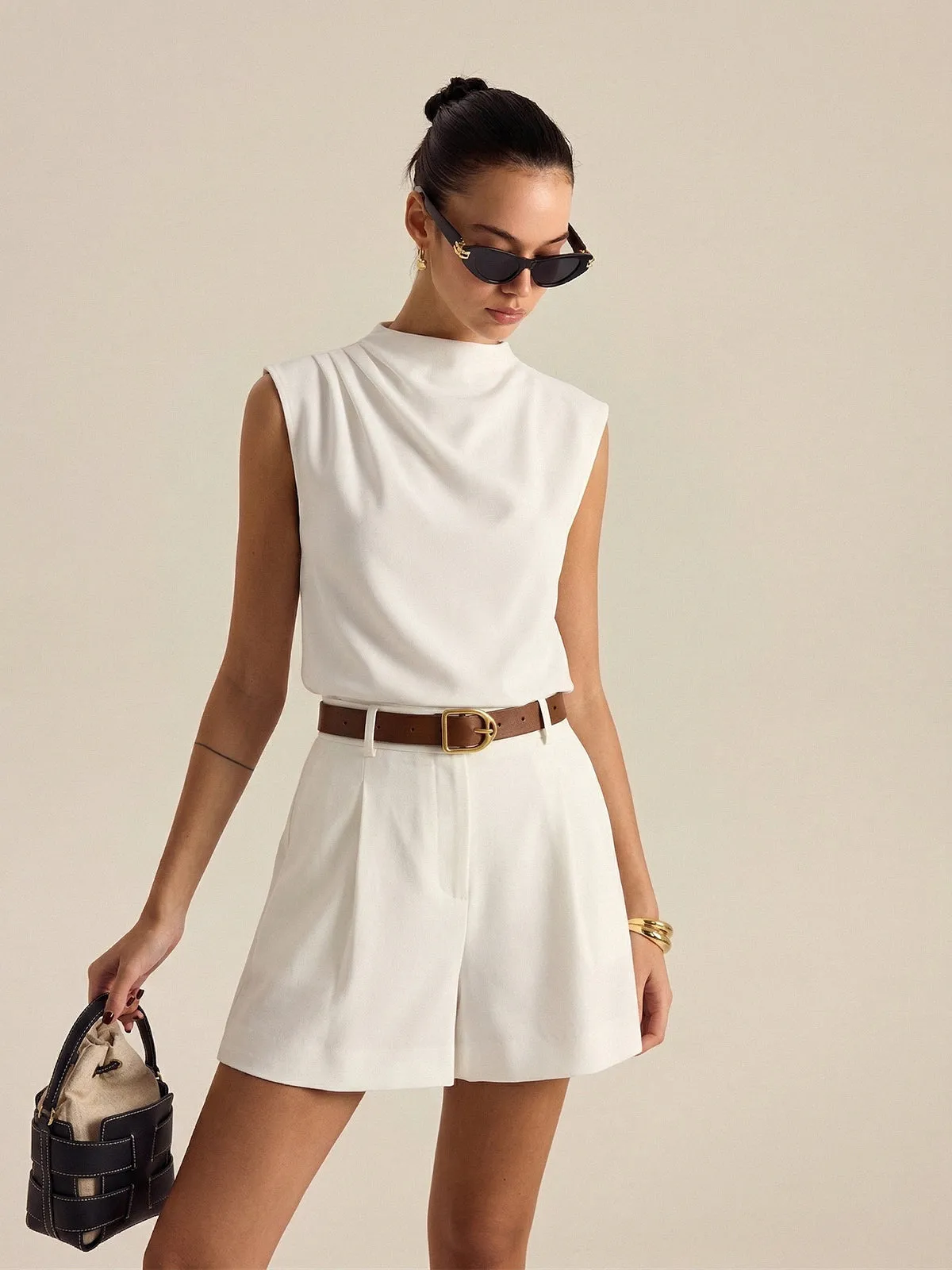 Draped Sleeveless Top & Belted Shorts Set sold by COMMENSE
