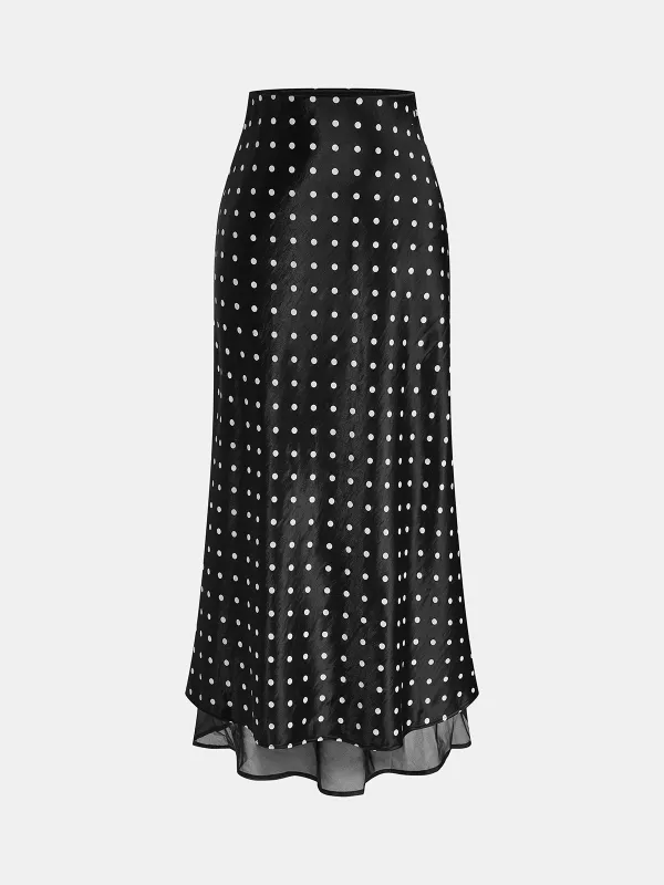 Polka Dot Satin High Waist Midi Skirt made by COMMENSE