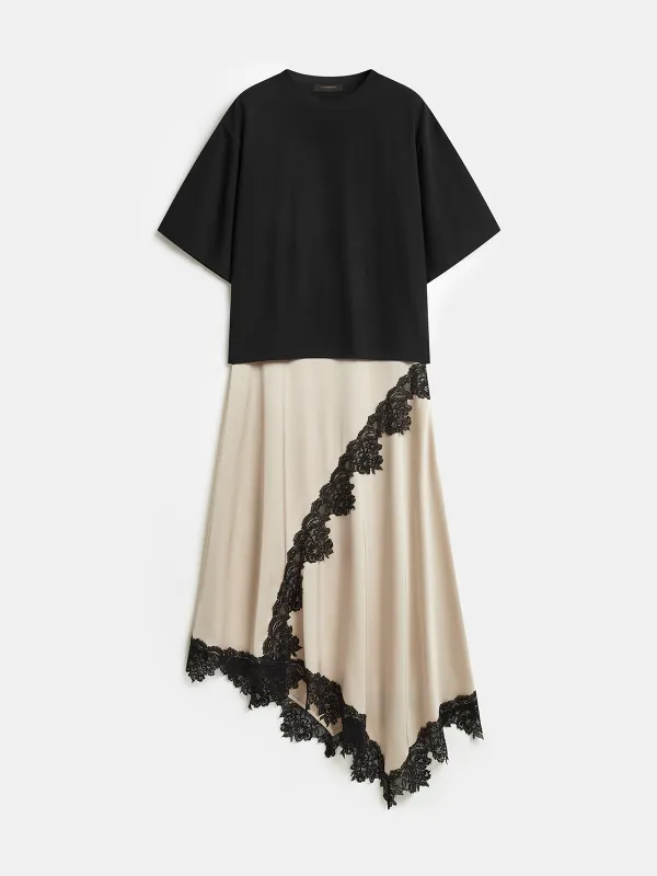 Lace Trim Asymmetric Short Sleeve Midi Dress made by COMMENSE