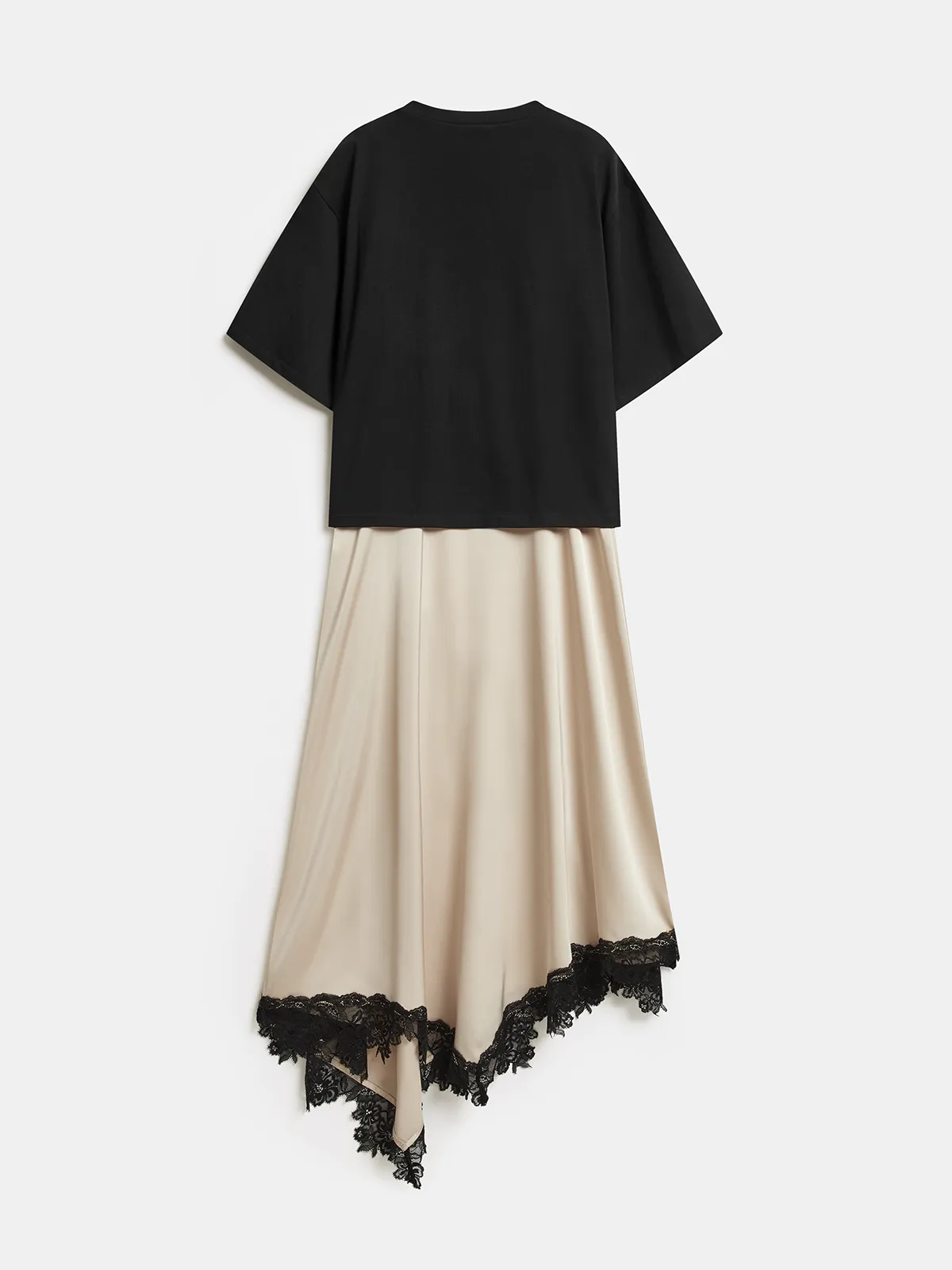 Lace Trim Asymmetric Short Sleeve Midi Dress sold by COMMENSE product image thumbnail 2
