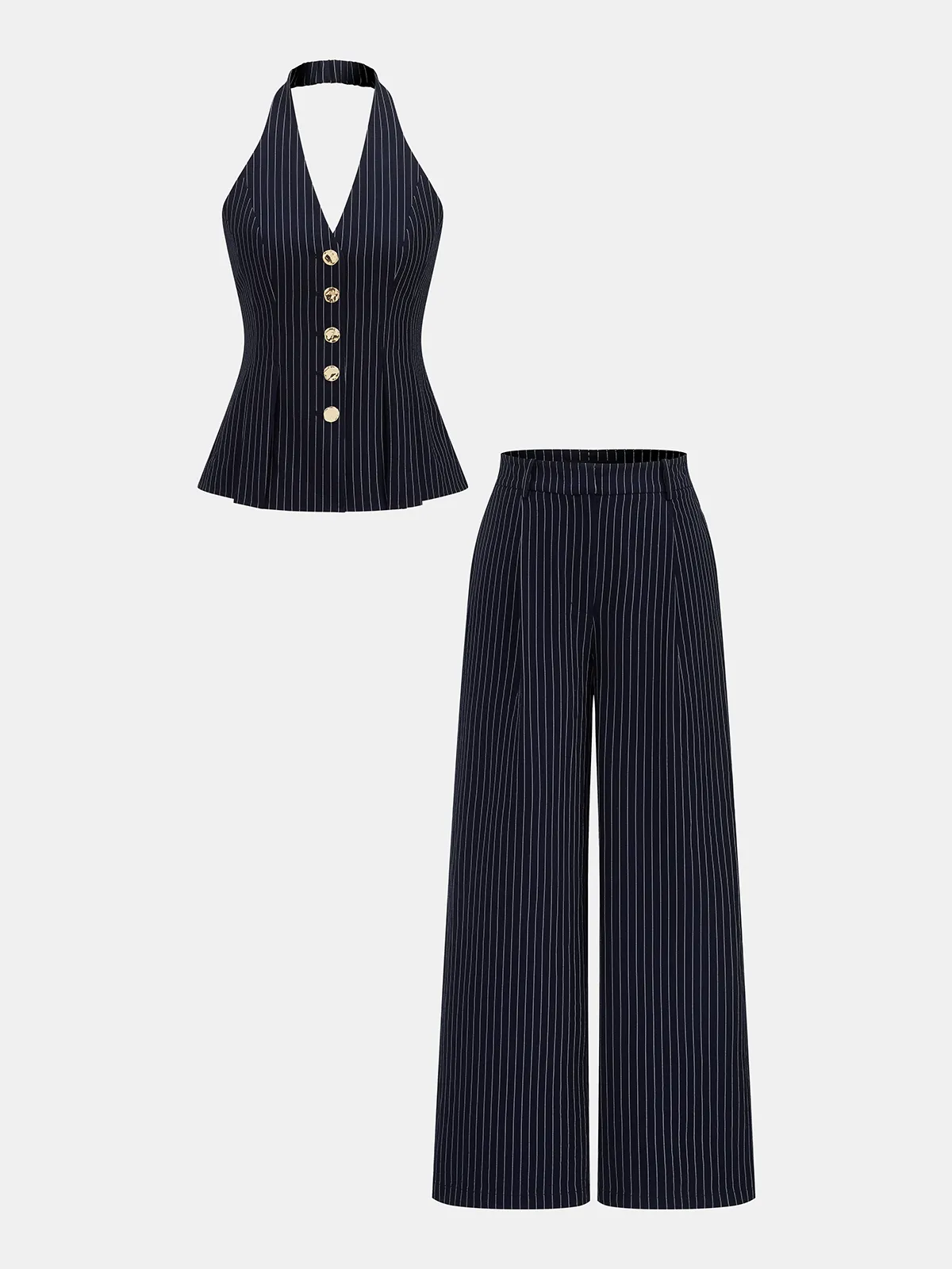 Pinstripe Metal Button Halter Top & Pants Set sold by COMMENSE