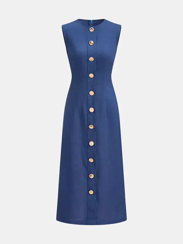 Sleeveless Metal Detail Linen Blend Midi Dress made by COMMENSE