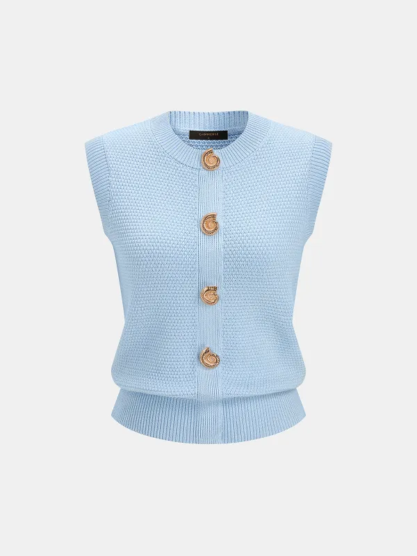 Spiral Button Textured Knit Sleeveless Vest made by COMMENSE