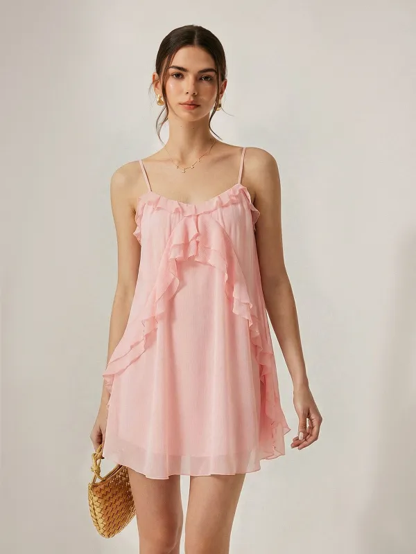 Ruffle Trim Cami Mini Dress made by COMMENSE