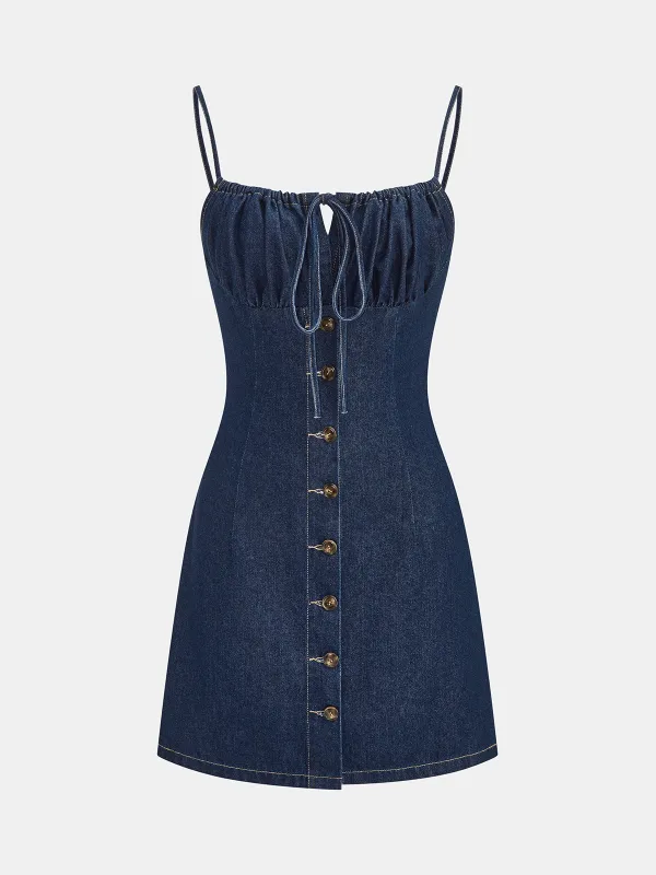 Drawstring Button Denim Cami Mini Dress made by COMMENSE