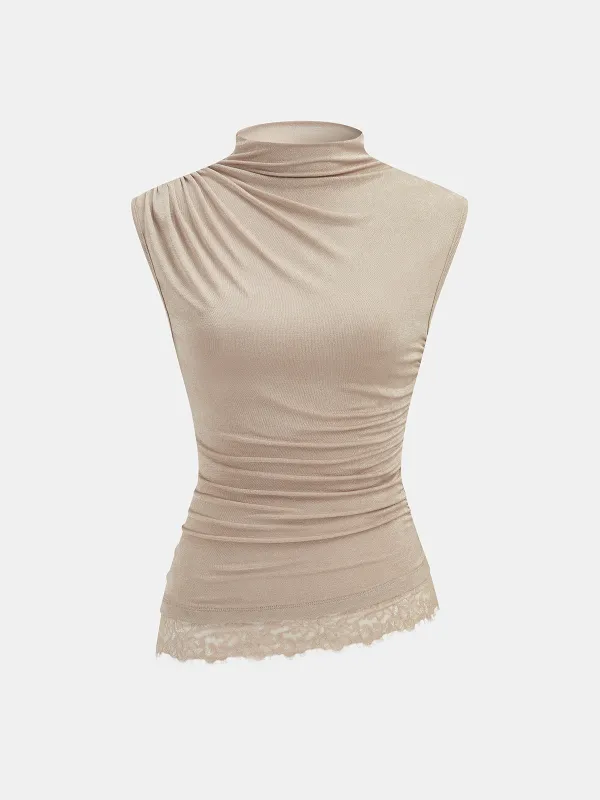 High Neck Sleeveless Ruched Lace Trim Blouse made by COMMENSE