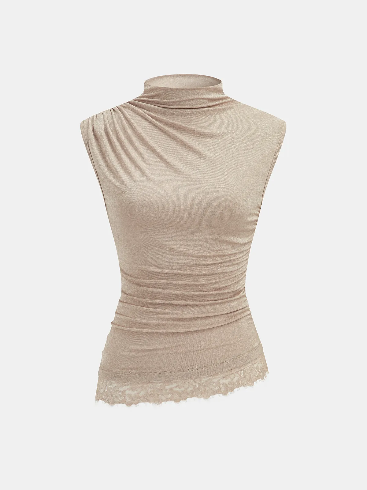 High Neck Sleeveless Ruched Lace Trim Blouse sold by COMMENSE