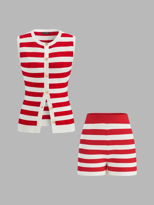 Striped Sleeveless Knit Top & Shorts Set made by COMMENSE
