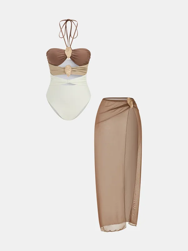 Color Block One-Piece Swimsuit & Cover-Up Skirt Set made by COMMENSE