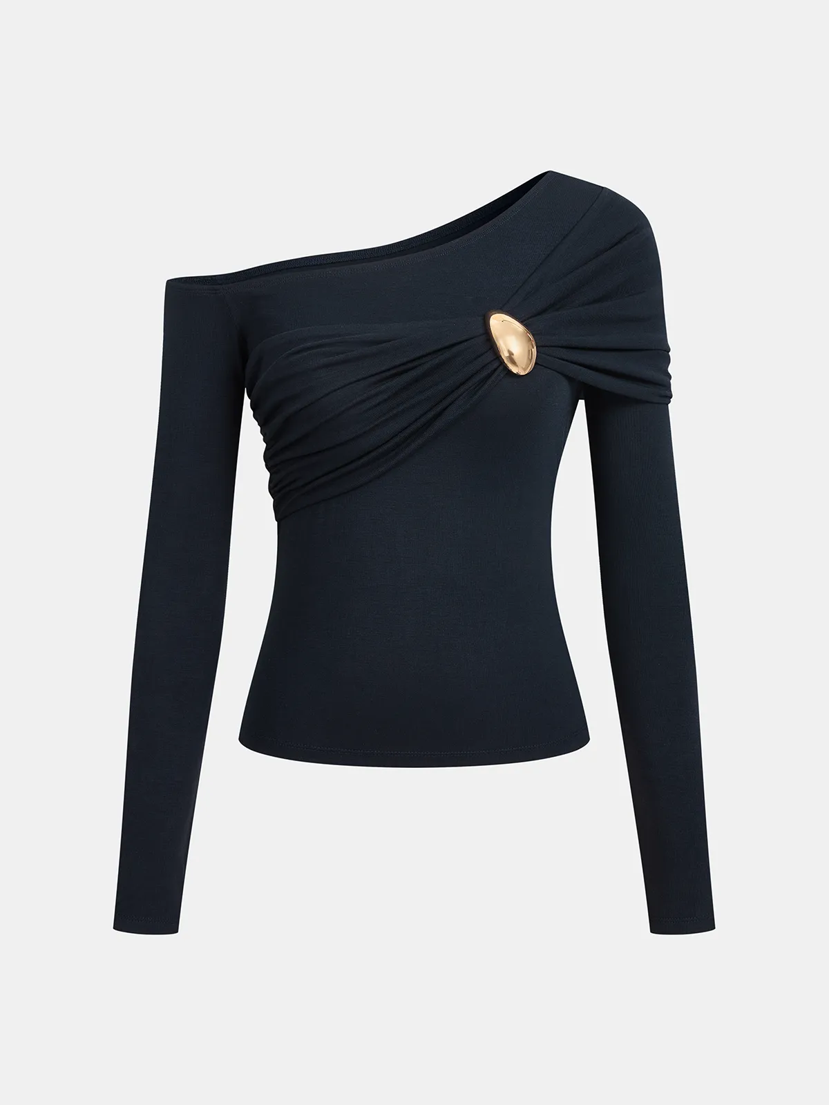 One-Shoulder Ruched Metal Buckle Long Sleeve Top sold by COMMENSE product image thumbnail 2