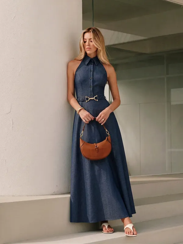 Halter Belted Collared Denim Maxi Dress made by COMMENSE