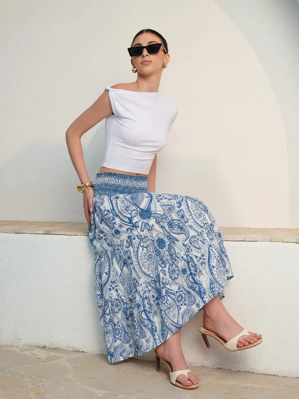 Smocked Waist Paisley Print Maxi Skirt made by COMMENSE