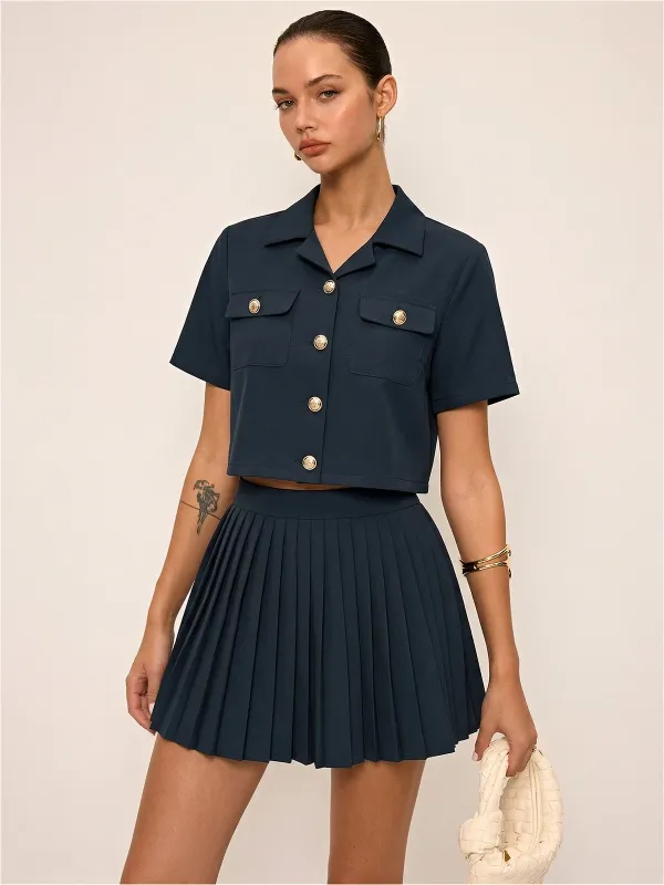 Short Sleeve Crop Top & Pleated Mini Skirt Set made by COMMENSE
