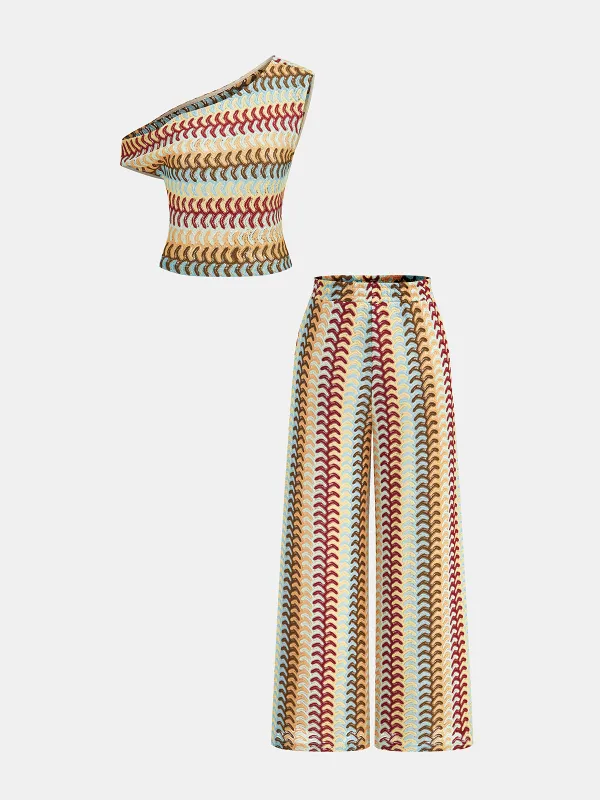 Multicolor One-Shoulder Knit Top & Pants Set made by COMMENSE