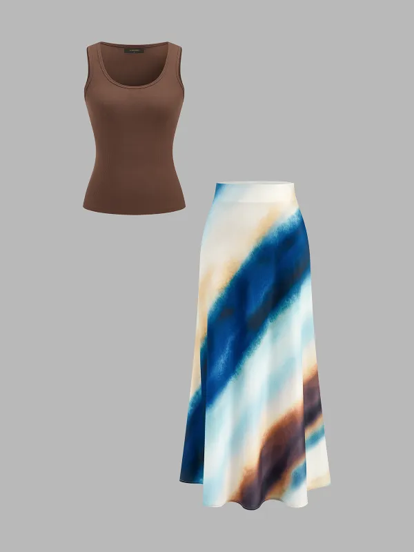 Tank Top & Ombre Watercolor Midi Skirt Set made by COMMENSE
