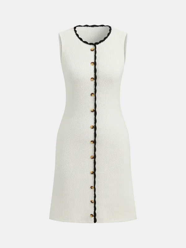 Contrast Trim Button-Front Sleeveless Knit Dress made by COMMENSE