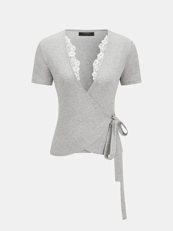 Lace Trim Wrap Tie Short Sleeve Top made by COMMENSE