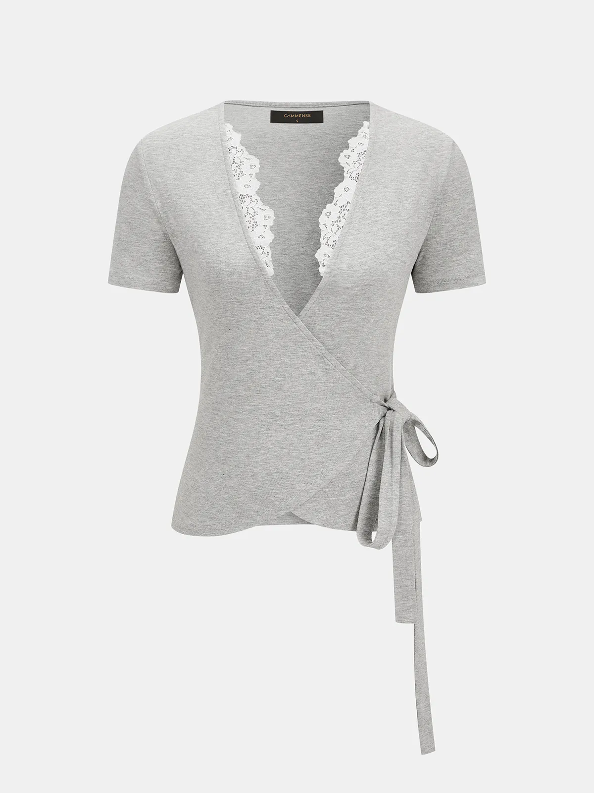 Lace Trim Wrap Tie Short Sleeve Top sold by COMMENSE