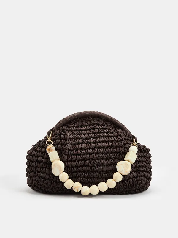 Marble Bead Chain Straw Woven Handbag made by COMMENSE