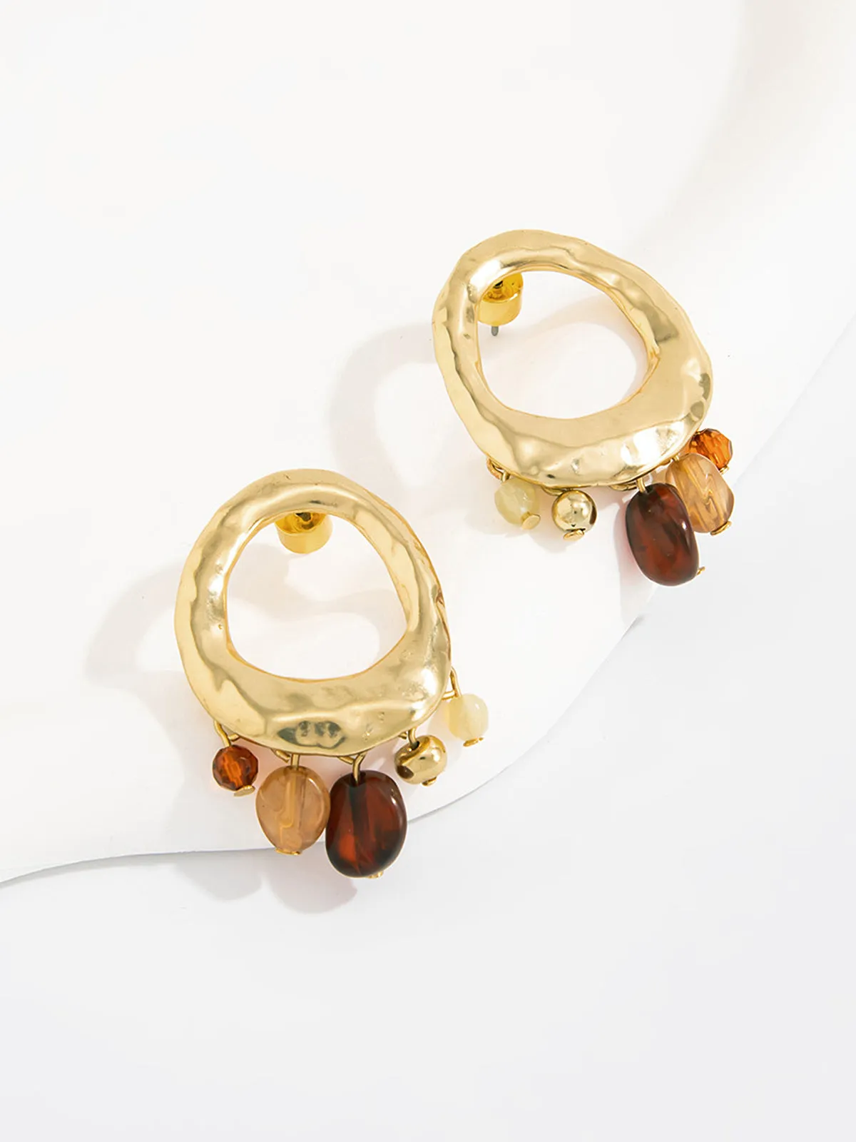 Amber Bead Tassel Hammered Hoop Earrings sold by COMMENSE